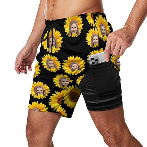 Personalized Wife Face Mens Swim Trunks with Compression Liner 2 in 1 Board Shorts Quick Dry Swimming Trunks with Pockets