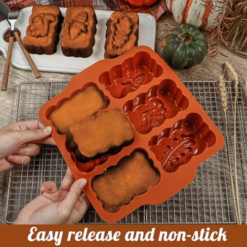 Silicone Harvest Mini Loaf Pan, Fall Rectangular Silicone Mold 6-Cavity Autumn Silicone Mold Thanksgiving Mini Loaf Pan for Baking - Thumbnail 4