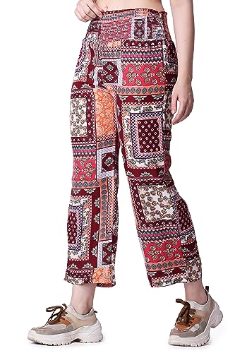 Image of POPWINGS Casual Boho Printed Side Wide Leg Trousers for Women || Summer Wear Comfortable Pull-On Women Trousers || Western Loose-Fit Trousers || Stylish Women Casual Trousers