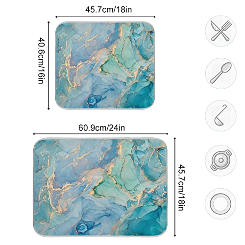 Marble Dish Drying Mat for Kitchen Counter Blue Teal Turquoise Gold Drying Mat 18 x 24 Inch with High Absorbent Reversible Microfiber Dish Drying Pad Dish Rack Pad Drainer Mat for Coffee Bar by Sweetshow - Image 5