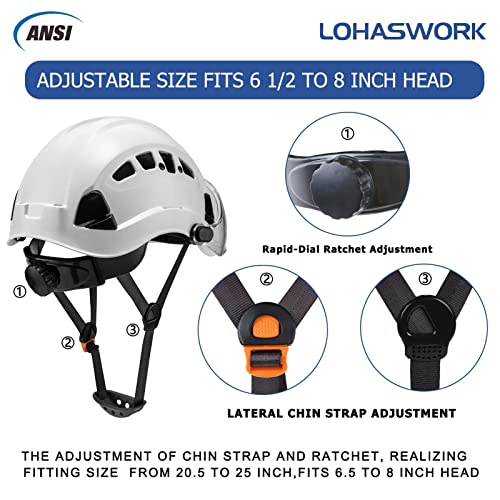 Lohaswork Safety Hard Hat Ansi Z89.1 Approved,Adjustable Safety Helmet With Visor,6-Point Suspension,Construction Forestry Aborist Work(01White Clear Visor) #TOP1