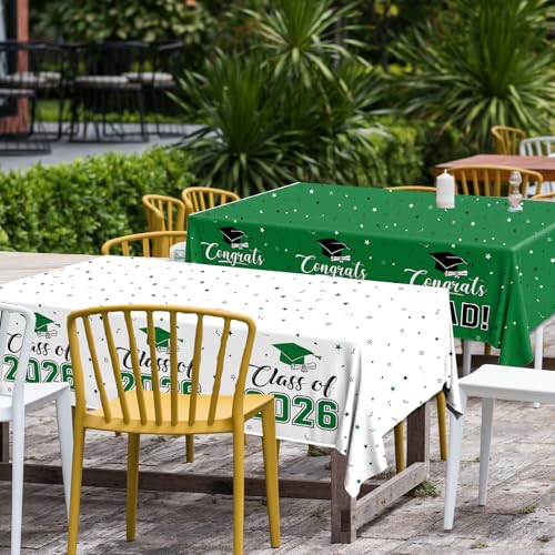 Image of 2026 Graduation Decorations,Congrats Grad Tablecloth 2pcs White Green Class of 2026 Table Covers Rectangle for Graduation Party Supplies,108x54inch (Green)