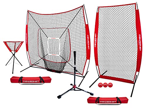 Powernet [All In One Coach Bundle] 7X7 Dlx Practice Net + I-Screen + Tee + Caddy + Weighted Training Ball + Strike Zone | Baseball Softball Training (Red) #TOP9
