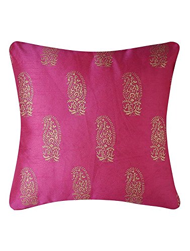 INIHOM Cushion Cover | Pillow Cover Faux Silk Traditional-Ethnic Gold Printed Cushion Covers (16"x16",Fuchsia) Set of 1