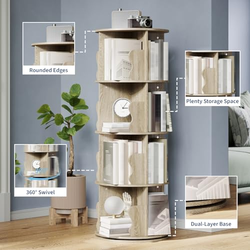 GarveeHome 4 Tier Rotating Bookshelf Tower, Spinning Corner Bookshelf for Small Spaces, Revolving 360° Bookcase Storage Rack Tower, Vertical Rotate Turning Spiral Wood Book Shelf Organizer, Natural