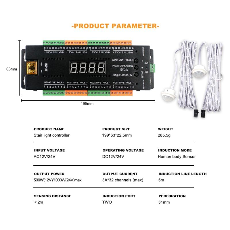 Image of Jackal 32 Channel LED Stair Light Controller with PIR Motion Display Sensor, DC 12V /24V Staircase Lighting System, Sequential Step Lights, 4 Modes, Adjustable Speed & Brightness