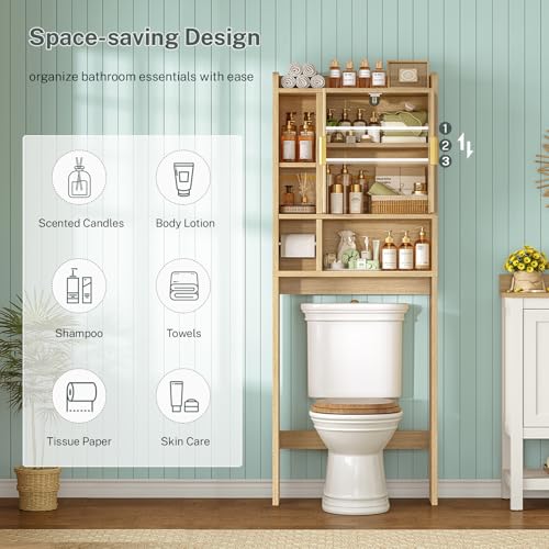 Image of TEENFON Over The Toilet Storage Cabinet with 4 Open Shelves and Adjustable Shelf, Extra Tall Bathroom Organizer Unit with 2 Wood Doors, Home Space Saver for Bathroom, Laundry Room, Natural