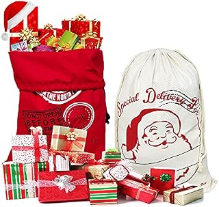 JUNMEIDO 2PCS Giant Santa Sacks Canvas Christmas Drawstring Gift Bags Extra Large Christmas Sacks Santa and Elk Present Sacks for Xmas Presents Holiday Gifts Party Decorations Storage70 * 50cm/pc