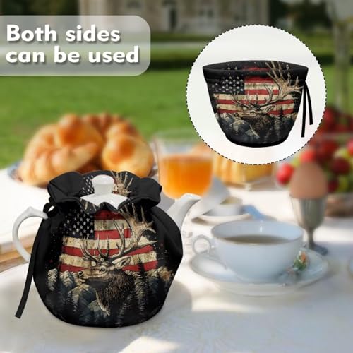 Image of Xoenoiee American Flag Hunting Elk Pattern Tea Cozy Cotton Tea Cosy for Teapots Keep Warm Teapot Cover Insulated Kettle Cover for Home Kitchen Table Decor 4th of July Patriotic Flag