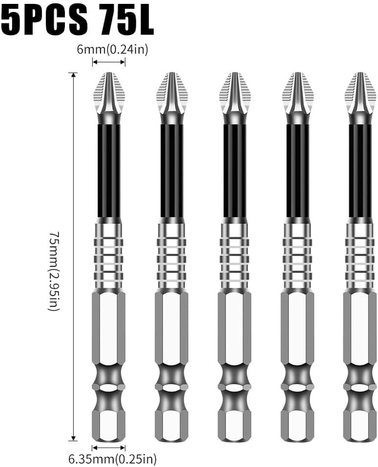 High Magnetic Screwdriver Drill Bit Set K5 Impact Resistant Non Slip Cross Bit Anti-Slip Magnetic Electric Screwdriver Set (5, 75MM)