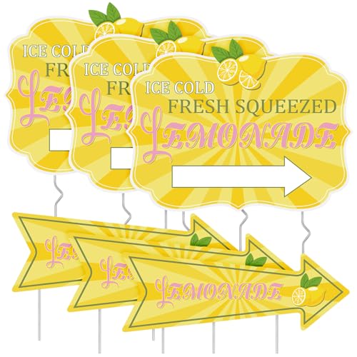 XEQWZVFR 6Pack Lemonade Stand Sign 3 PCS 17×12 Inch Yard Sign with Metal Stakes Double Sided Print and 3 Pcs 17×6 Inch Summer Lemonade Arrow Signs for Outdoor Business Decor Store Open Houses Parties
