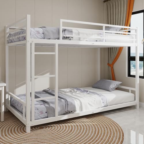 KOMHTOM Lit Superposé 2 Places avec Barrières de sécurité, échelles et Sommier à Lattes en Métal - Cadre de Lit Moderne pour Enfants et Adolescents...