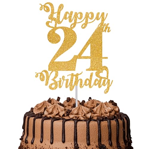 1 décoration de gâteau d'anniversaire « Happy 24th Birthday » à paillettes « Cheers to 24 Years » – Décoration de gâteau fabuleuse pour fête d'anniversaire 24 ans – Fournitures de décoration de