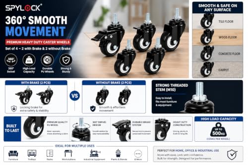 Image of Heavy Duty Castor Wheels Furniture | Set of 4 Heavy Duty Caster Wheels with Brake & Without Brake | M10 Threaded Stem Swivel Castor Wheels | 360 Rotation | Trolley,