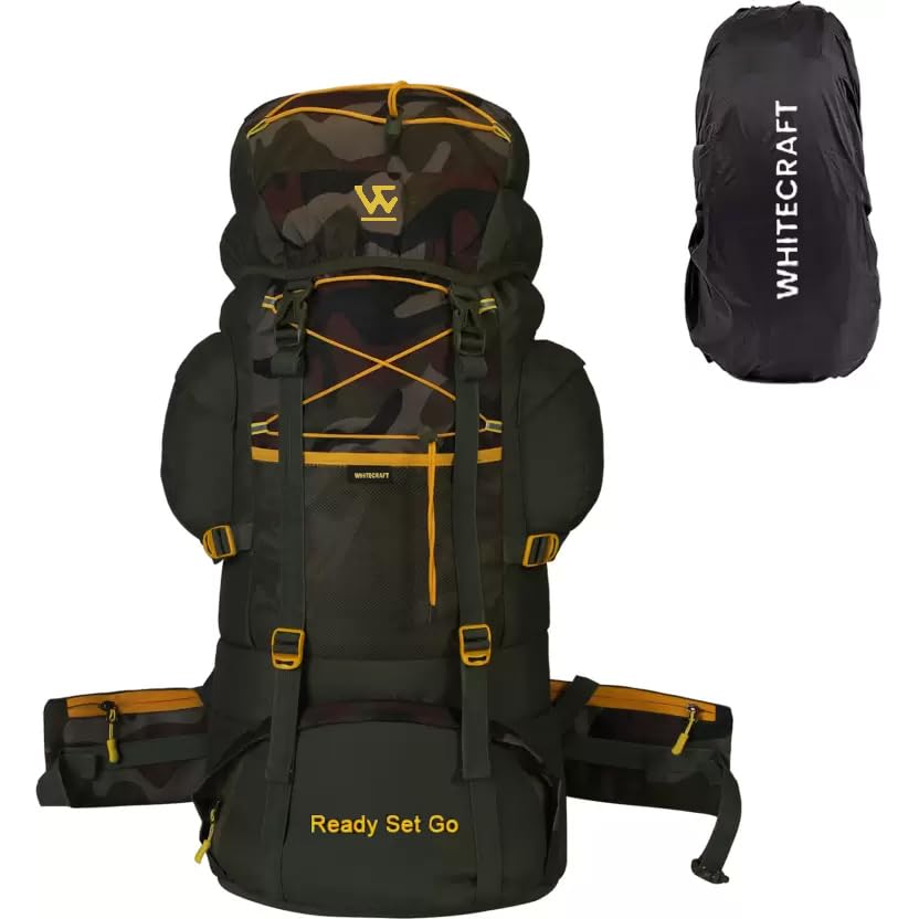 WHITECRAFT 75 Liter Waterproof Rucksack Backpack with Rain Cover for Outdoor/Sports/Camping/Hiking/Trekking Bag for Men and Women with 1 Year Warranty (Black Army Green)