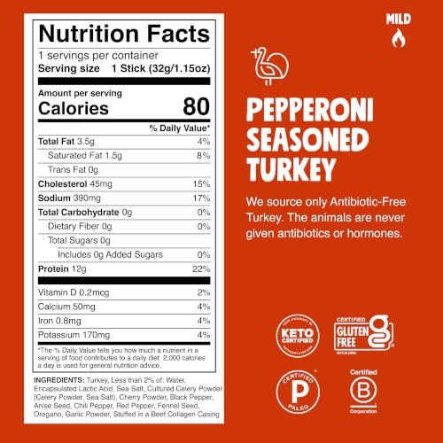 Image of Chomps Pepperoni Turkey Jerky Meat Snack Sticks 24-Pack - Keto, Paleo, Low Carb, Whole30 Approved, 12g Lean Meat Protein, Gluten Free, Antibiotic Free, Zero Sugar Food
