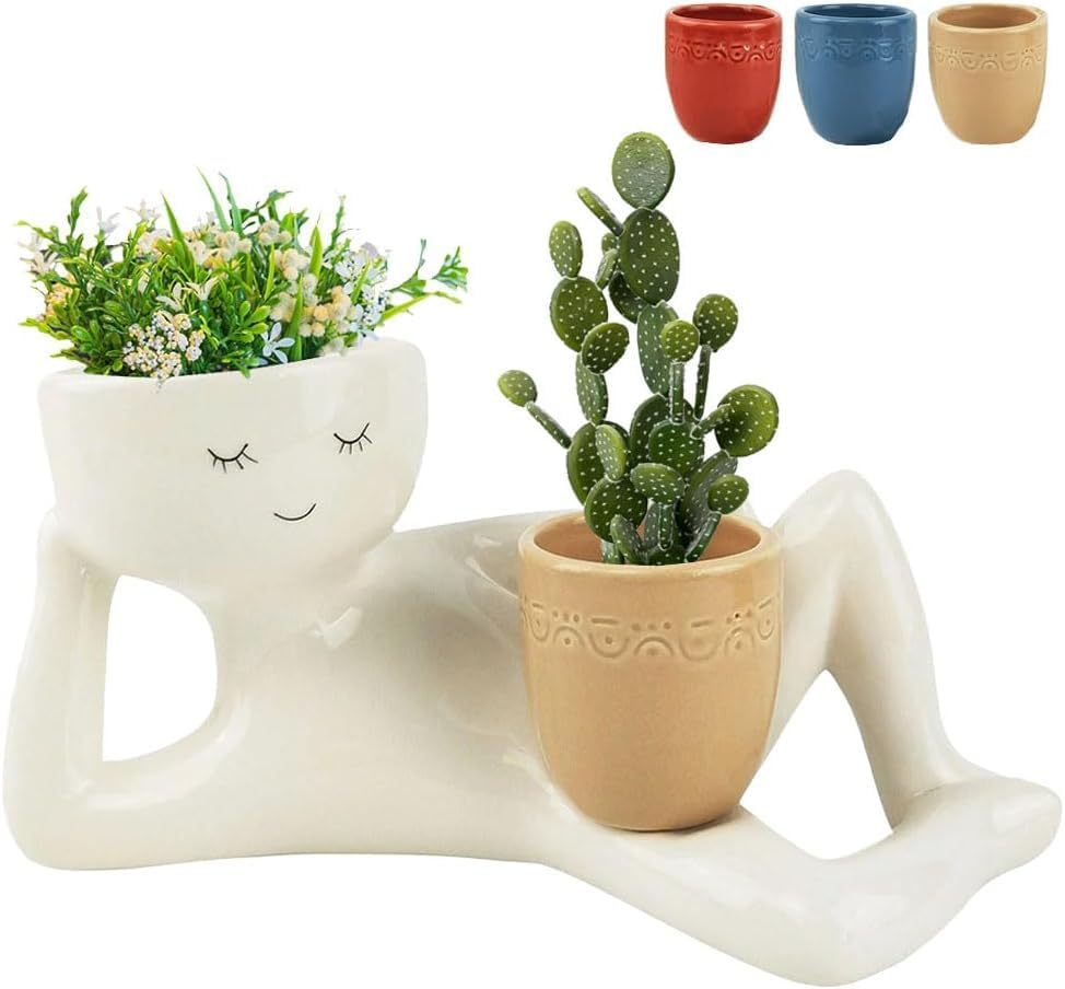 Funny Plant Pots with Drainage Hole, White Ceramic Reclining Figure Planter with Blue Cup, Decorative Succulent Holder (Yellow)