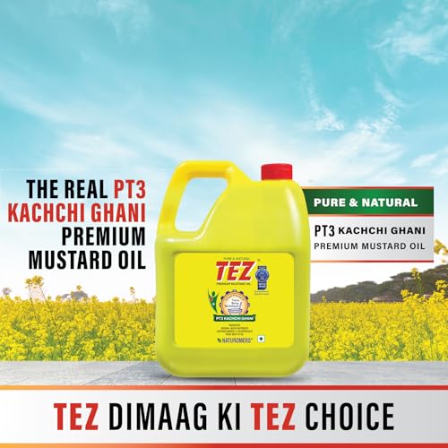 Image of Tez Mustard Oil for Cooking 5L Can | PT3 Kachchi Ghani Sarson Ka Tel | 100% Pure & Natural Oil | Promotes Gut Health with Antibacterial & Antifungal Benefits | Supports Good Health (Pack of 3)