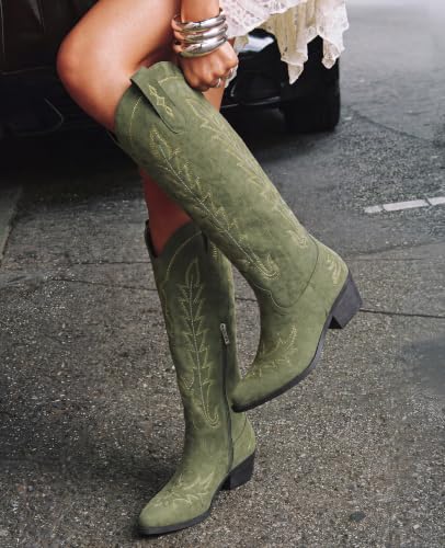 Image of Rivalran Cowboy Boots for Women - Knee High Pointed Toe Chunky Heel Pull On Zipper Western Cowgirl Boots, Retro Country Vintage Fashion Tall Boots