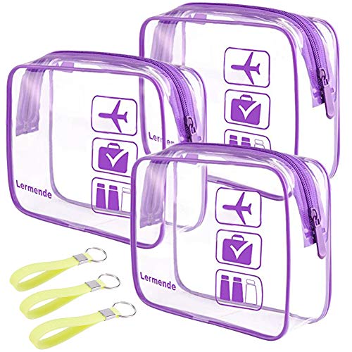 3pcs Lermende TSA Approved Toiletry Bag with Zipper Travel Luggage Pouch Carry On Clear Airport Bag Travel Cosmetic Makeup Bags For Women Men - Purple