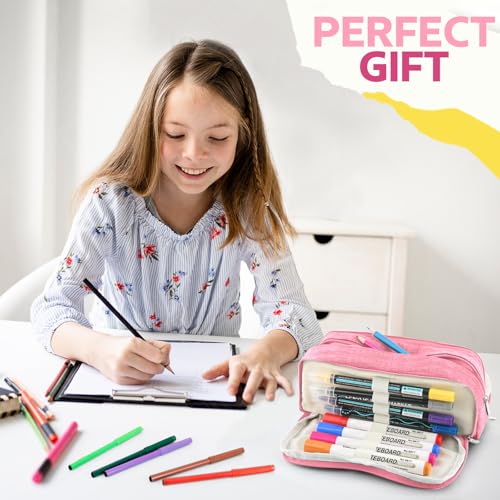 Image of Large Capacity Pencil Case Pencil Pouch Pen Bag with 3 Compartment Stationery Organizer with Zipper, School Supplies Organizer for Teen Adults (Pink)