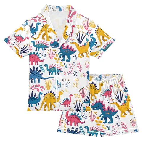 ALAZA Cute Funny Dinosaur Leaves Pajamas Satin Pajama Set Short Sleeve Button Down Sleepwear