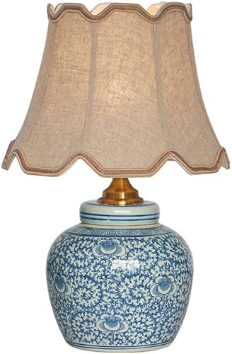 DFAEEKIYO Blue and White Porcelain Table Lamp Fabric Shade Bedroom Study(2)