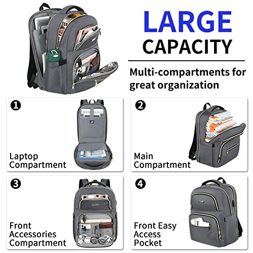 Travel Laptop Backpack for Women Men, Business Anti Theft TSA Friendly Laptops Backpack with USB Charging Port,Water Resistant Computer Bag Fits 15.6 Inch Laptops,Grey2