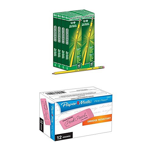 Dixon Ticonderoga Wood-Cased #2 HB Pencils, 8 Boxes, 96 Pencils Total, Yellow plus Paper Mate Pink Pearl Erasers, Large, 12 Count