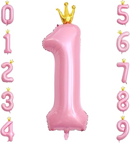Globo rosa número 1 de corona de 40 pulgadas, globo de helio de Mylar de color rosa bebé unido grande para niña, decoración de fiesta de primer