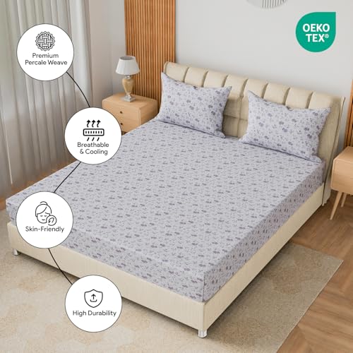 Image of LINENWALAS 100% Cotton Flat Bed Sheet for Super King Size Bed | Super Soft, Breathable, Oeko-TEX Certified 300 TC | Premium Hotel Floral Bedsheet with 2 Pillow Cover (108x120 Inches, Lavender Haze)