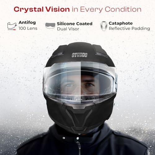 Image of STUDDS Helios ISI and DOT Certified Full Face Helmet with Antifog 100 Lens, Sporty Spoiler (MATT Black - L)