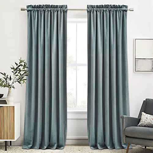 Image of RYB Home Stone Blue Velvet Curtains 2 Panels Set, Room Darkening Curtain for Dining Backdrops, Super Soft Thick Velvet Texture Large Window Drapes for Privacy Protection, W52 x L96 inches | Thermal Insulated, Privacy, Sunlight UV Heat Blocking, Luxurious Decor, Dining Room Nursery, Rod Pocket, W52 x L96, 2 Panels