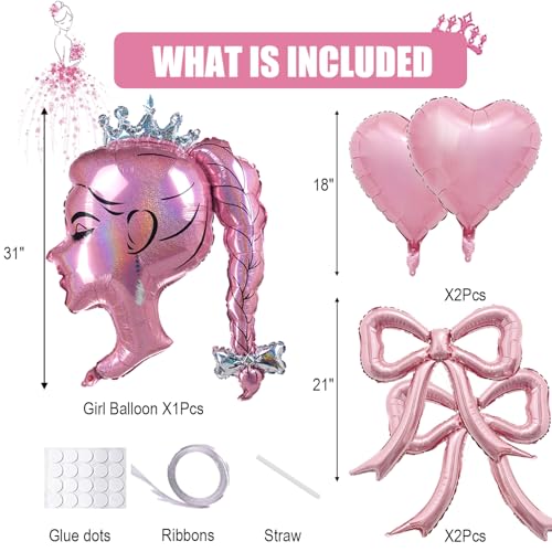 Image of Princess Pink Foil Balloon Set - 5pcs Pink Bow Balloons, Crown Girl Doll Foil, and Heart Balloons For Makeup, Girl Birthday, Tea Party, Coquette Photo Booth, Ballerina Backdrop