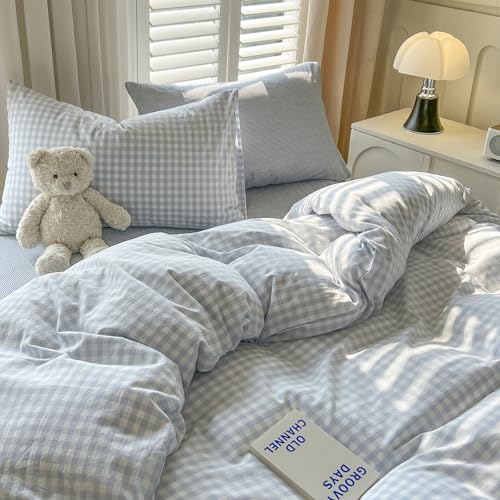 Image of LifeTB Blue Gingham Comforter Set Full Size Modern Style Blue Plaid Comforter Set 3 Pieces Grid Checkered Pattern Comforter Fluffy Soft Farmhouse Gingham Bedding Comforter with 2 Pillowcases