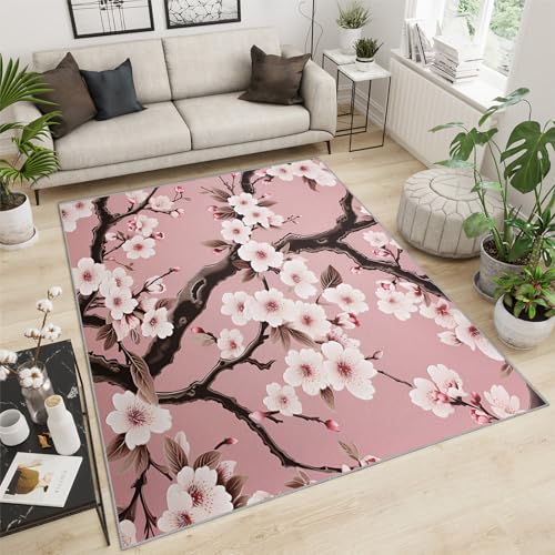Tapete decorativo 5x7 pies suave con diseño flor de cerezo rosa miniatura 2