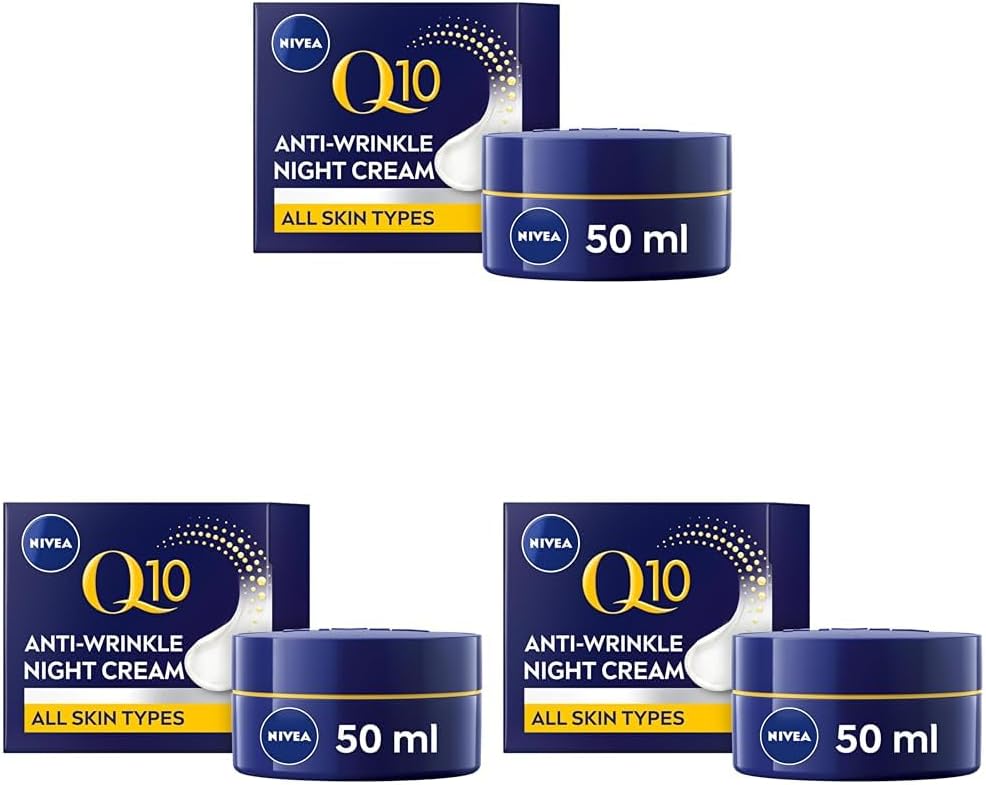NIVEA Q10 Anti-Wrinkle Power Revitalising Night Cream (50ml), Anti-Wrinkle Face Cream with Skin Identical Q10 and Creatine, Regenerative Night Cream (Pack of 3)