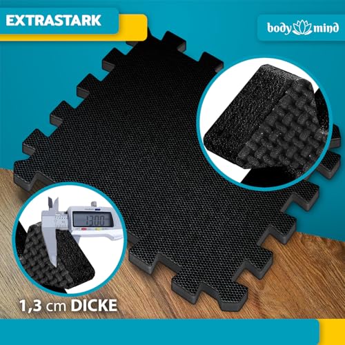 Boden-Schutzmatten XXL Set; Fitnessmatte Bodenschutz Puzzle-Matte; Unterlegmatte für Fitnessgeräte + GRATIS Anti-Rutschmatte; Trainingsmatte & Sport-Matte für Fitnessraum Keller Garage ca. 2m² Schwarz