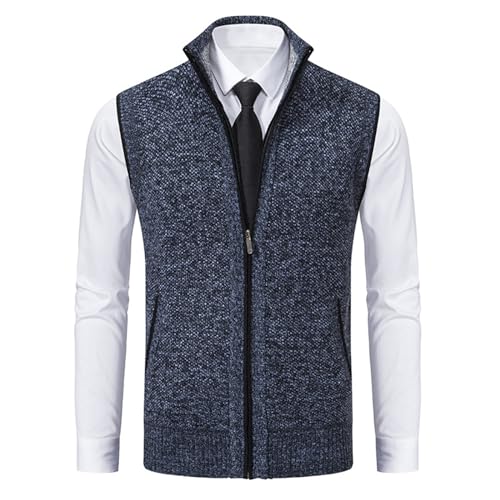 Mens Sweater Vest Stand Collar Zip Up Sleeveless Knitted Sweater Vest Waistcoat with Pockets