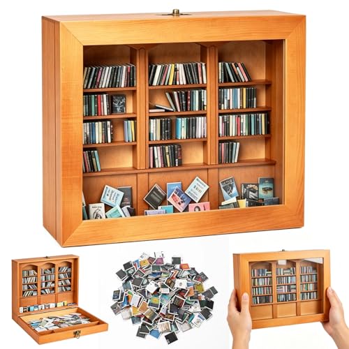 Anxiety Bookshelf Miniature Wooden Bookshelf Shake Away Anxiety Stress Reliever with 200Pcs Mini Books Wooden Miniature Library Mini Book Display Case for Desk Unique Ornament & Book Lovers Gift