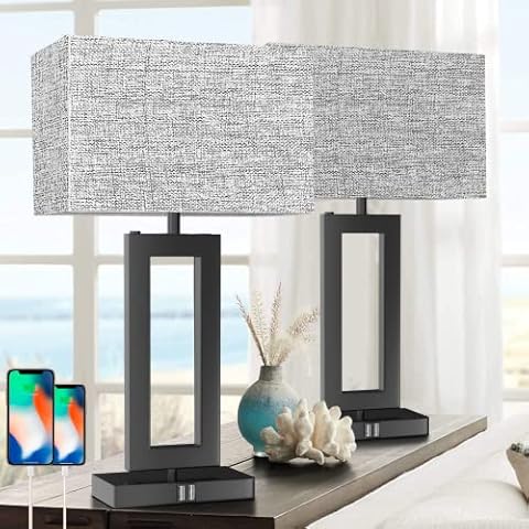 MoMyofdy 22’’ Tall Set of 2 Touch Control Table Lamp w. 2 USB Ports, 3-Way Dimmable Modern Bedroom Bedside Touch Lamps w. Fabric Gray Shade for Living Room End Table Nightstand Reading Cover