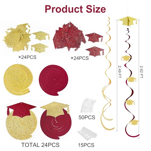 Image of 24Pcs Maroon Gold Graduation Grad Cap Hanging Felt Swirl Streamer Spiral Ceiling Garland for Congrats Grad Class of 2026 We are So Proud of You You Did It I'm Done Themed Party Decorations Supplies