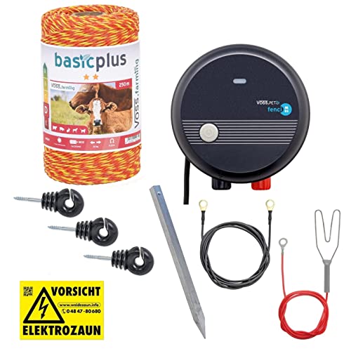 VOSS.farming Elektrozaun Starterset für den Garten Weidezaun Gartenzaun, Hobbyzaun zur Gartensicherung, Mit 230V Weidezaungerät, Weidezaunlitze gelb-orange