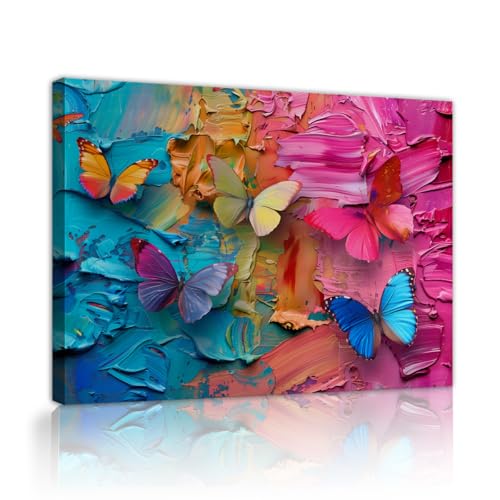 Arte mural de lienzo mariposa Pinturas al óleo coloridas Impresiones en lienzo para salón Oficina Abstracto Mariposas Decoración de pared Decoración de casa de campo 76x101cm Marco interior