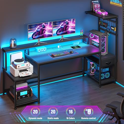 Image of DurayLoly 55 inch Gaming Desk with LED Lights & Outlets,Computer Desk with Drawers & Monitor Stand,Gaming Table with 3 Storage Shelves, Hooks& Printer Space for Game&Study Room,Home Office,Bedroom,Black
