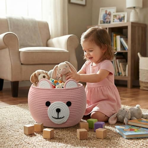 Image of CherryNow Baby Basket for Nursery, Baby Shower Gifts for Girls, Cute Storage Basket for Home Decor, Animal Baskets for Kids Toys Organizer, Pink, 10.5 inchD x 8.5 inchH