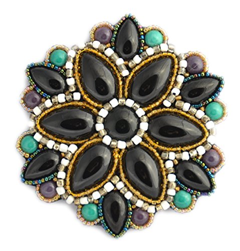 Broche grande fleur porcelaine noire et blanche faite main en perles