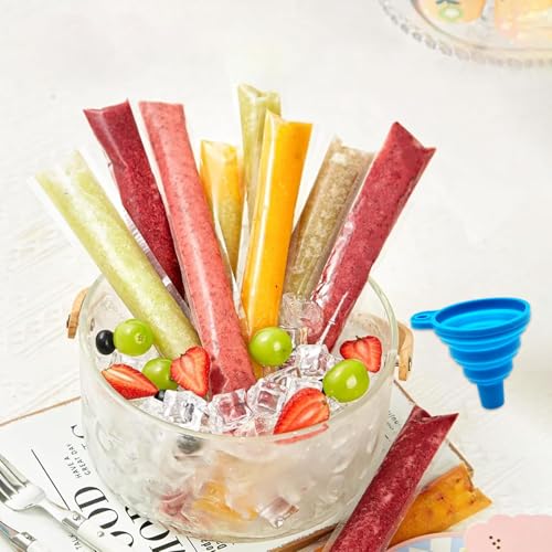SJUNJIE 300 Stück Wassereis Tüten Wiederverwendbar Wassereis Tüten mit Trichter Popsicle Taschen 5.5x28cm Geeignet für Selbstgemachtes Eis Joghurtriegel Fruchtsmoothies und Säfte