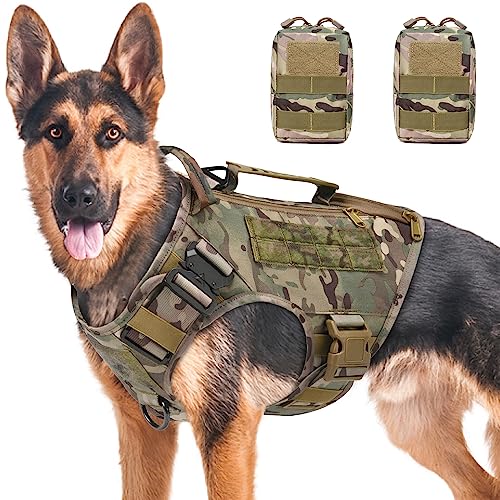 Pettorina tattica per cani di taglia media e grande, senza tirare,regolabile, per addestramento, caccia, passeggiate, militare,con maniglia,gilet per cani con pannelli Molle,Camouflage,L,con 2 tasche