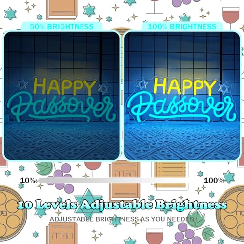 Image of Happy Passover Neon Sign Passover Decorations Led Sign Dimmable Pesach Neon Lights Pesaj Seder Neon Wall Decor for Jewish Holiday Party Home Table Decor